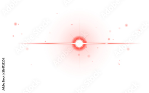 Abstract red lens flare with bright horizontal light beam and sparkling bokeh particles on white background