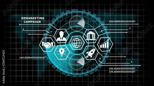Digital remarketing campaign hud interface featuring global business network financial growth charts, startup rocket launch, and corporate strategy analytics for advanced data visualization projects