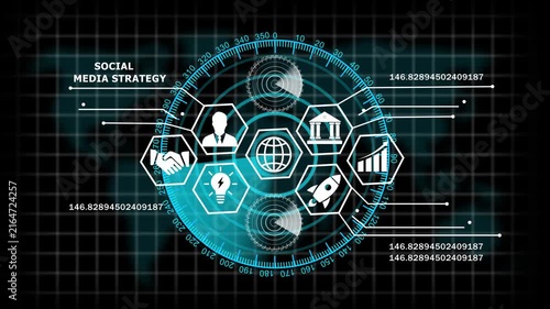 Advanced digital social media strategy dashboard featuring futuristic hud interface with global business data analytics, growth metrics, and network connectivity for corporate presentations