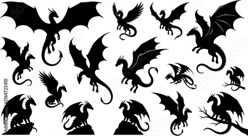 Set of various dragon silhouettes