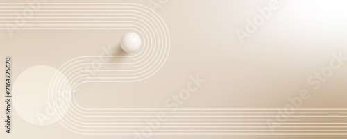 Widescreen nude gradient background with warm beige, cream and pearl tones. Abstract 3D sphere, boho accents and arch elements create elegant horizontal vector designs for banners and social media.