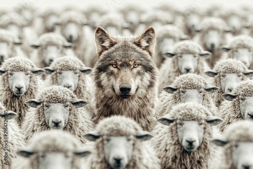 Wolf Walking Between Sheep, Deception and Hidden Danger Metaphor