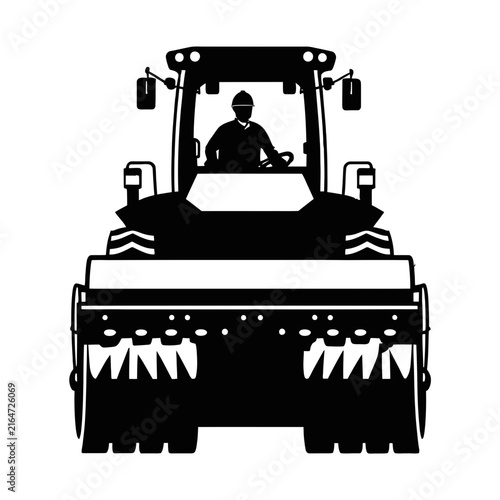 Road Roller Icon with Construction Worker Driver in Black Silhouette Style
