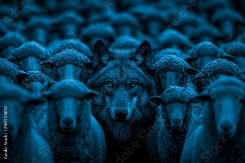 Predatory Wolf Concealed in Sheep Flock, Hidden Threat Concept