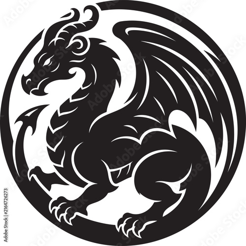 Black dragon in circular frame vector illustration mythical creature silhouette emblem isolated on white background for fantasy mascot logo badge t-shirt print tattoo design element