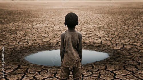 Child Standing Near Shrinking Water Hole on Cracked Drought Land