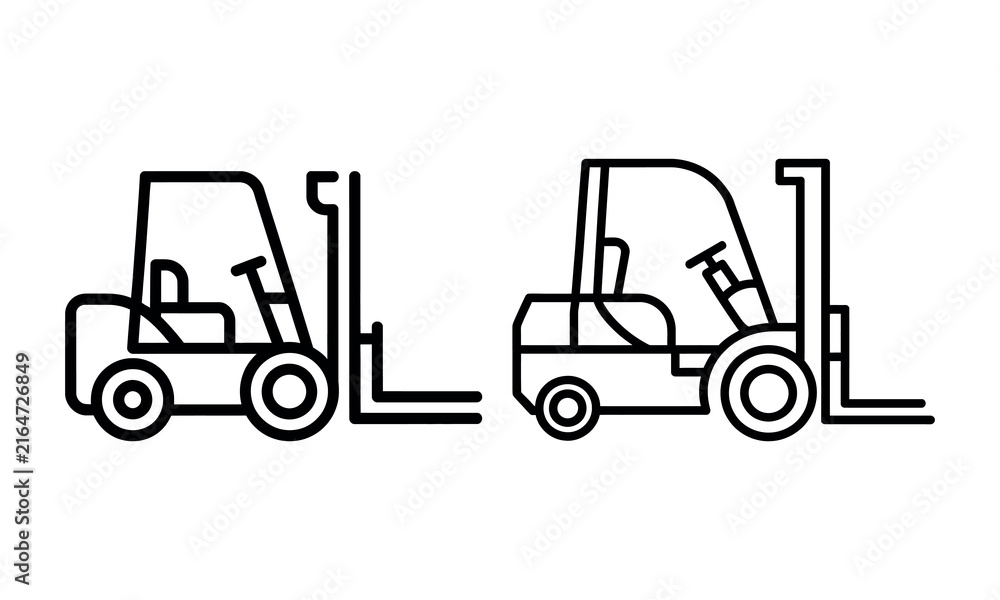 Naklejka premium Two forklift icons lifting pallets in simple line art style