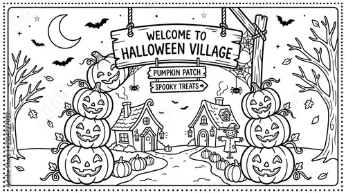 Welcome to halloween village sign with pumpkin stacks, spooky houses, scarecrow, bats, moon, and cobwebs line coloring page