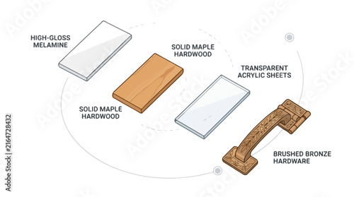 Cabinet material samples showing wood finish and hardware options for interior design