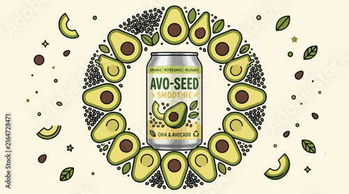 Avocado smoothie can surrounded by fresh fruit slices and seeds in flat vector illustration