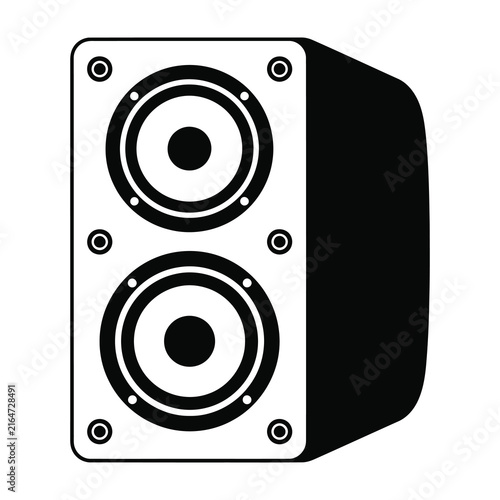 Black and white illustration of a stereo speaker with two woofers