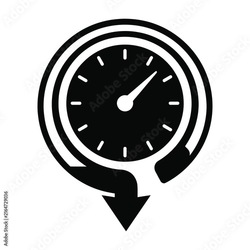 Speedometer gauge with downward arrow symbolizing decline or decrease