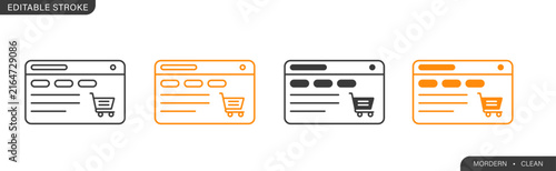 Vector illustration set of modern e commerce website browser interface icons with shopping carts and buttons, presented in clean stroke and filled line art styles.