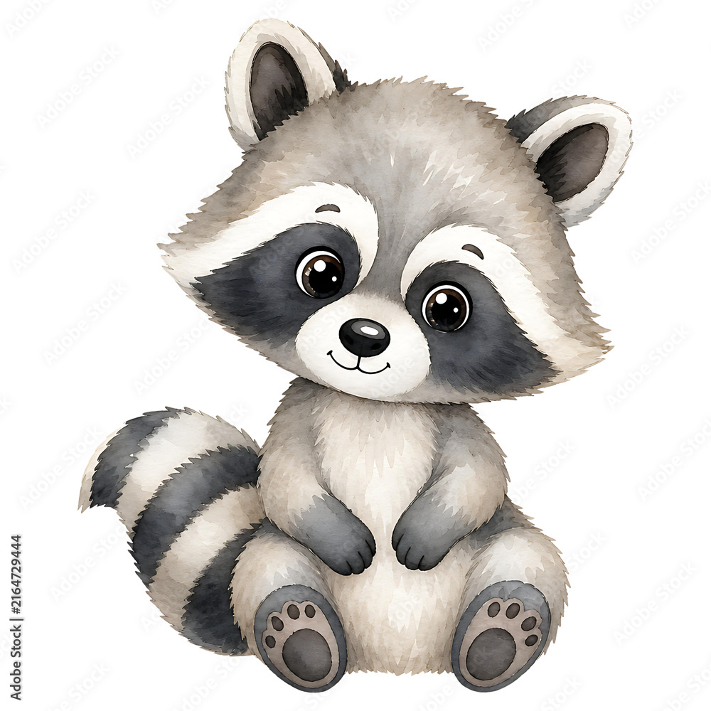Fototapeta premium Cute raccoon watercolor clipart in a charming nursery style, isolated on a transparent background. Ideal for children's crafts, nursery decor, invitations, stickers, and digital designs.