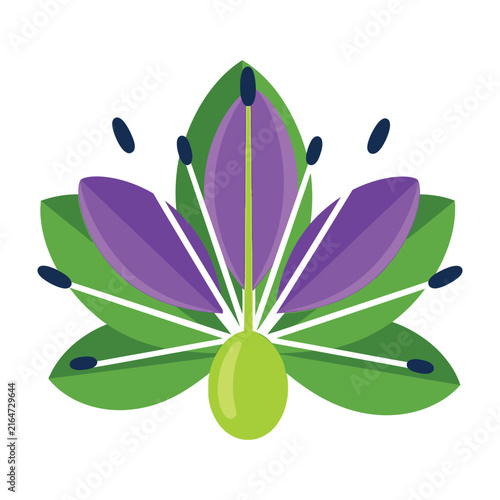 Stylized Botanical Flower Icon Featuring Purple Petals and Green Leaves Design