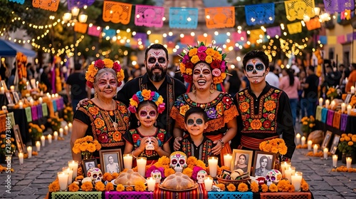 Family celebrating Mexican Day of the Dead festival with traditional costumes and decorations ,Hispanic Heritage Celebration Month, Latino Ctivalultural Festival, Cinco de Mayo, Día de los Muertos.