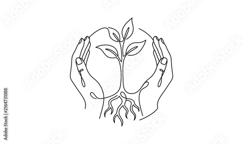 Continuous line art of hands holding a growing plant with roots.