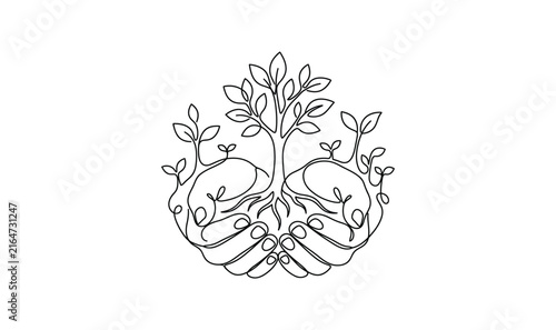 Continuous one line drawing of human hands holding a growing tree.
