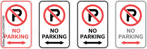 Foto Parking traffic signs with no parking symbols and red, black, and blue borders for road safety and transportation design