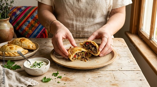 Woman enjoying traditional Latin American empanadas at home ,Hispanic Heritage Celebration Month, Latino Ctivalultural Festival, Cinco de Mayo, Día de los Muertos, Carnaval, Inti Raymi