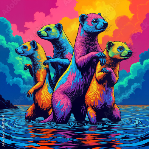 Colorful psychedelic otter family illustration standing in water