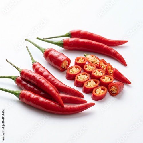 Assorted red chili peppers and cross sections with visible seeds isolated on white background raw spicy vegetables prepared for cooking healthy diet recipes.