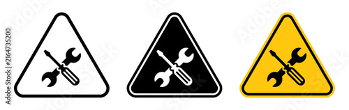 Maintenance hazard warning sign set, Crossed wrench and screwdriver symbols in outline, solid and yellow triangular designs for repair, tools, equipment and workplace safety, Vector illustration.