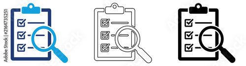 Blue Black Inspection Checklist Search Icon Set with Filled and Outline Styles for Quality Control Audit Verification Compliance Review and Business Assessment
