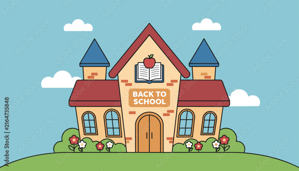 Naklejka premium Charming flat style cartoon school building with back to school greeting and flowers against a blue sky.