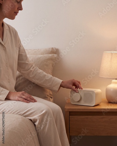 Woman Adjusts White Noise Machine During Relaxing Bedtime Routine