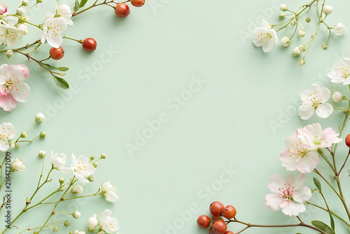 Ultra-realistic spring floral frame featuring delicate white and pink blossoms and vibrant red berries on a gentle pastel green background, perfect for elegant designs or seasonal greetings