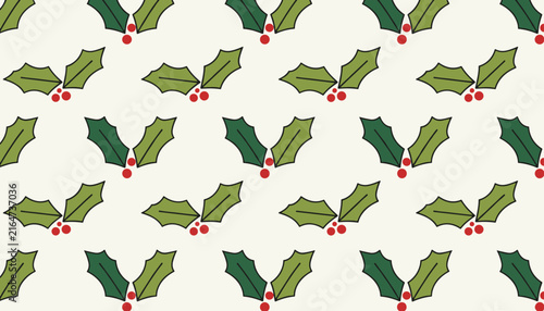 Seamless holiday pattern of classic christmas holly leaves with red berries on a warm off-white background.