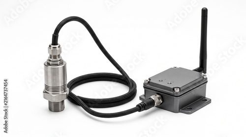 Industrial wireless pressure transmitter with antenna and metallic probe isolated on a white background, for process monitoring
