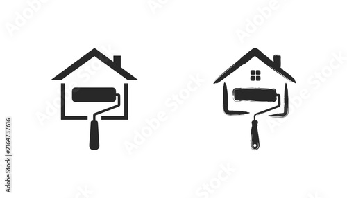 House painting service logo template featuring a paint roller forming the shape of a home on a white background.