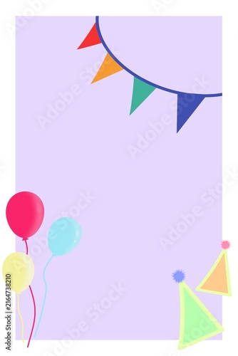 Pastel festive celebration template frame with , colorful balloons, pennant bunting, and party hats, cheerful design for birthday invitations, party posters, banners, cards and event invitations 