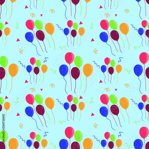 Seamless colorful balloon pattern on a blue background featuring pink, blue, green, orange, and purple balloons with playful confetti and decorative shapes.