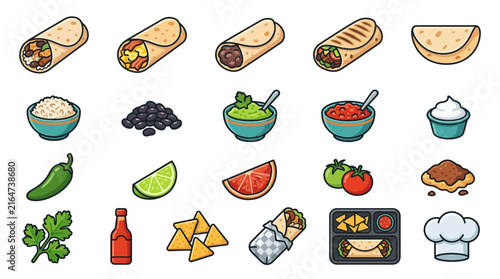 Set of vibrant cartoon food icons illustrating various Mexican cuisine dishes and culinary ingredients on a clean white background