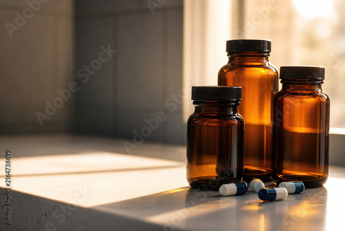 View of Medical Bottles and Capsules in Indoor