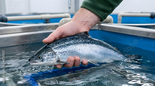 Man Holding Atlantic Salmon in Aquaculture Tank