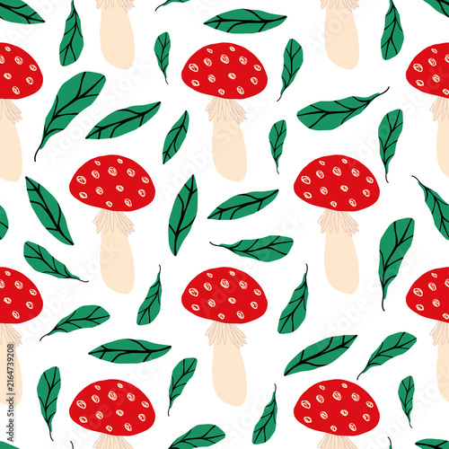 Blue Hand Drawn Autumn Seamless Pattern with Colorful Mushrooms and Leaves
