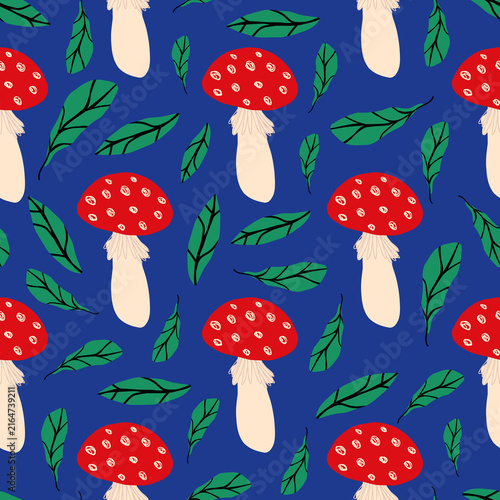 Blue Hand Drawn Autumn Seamless Pattern with Colorful Mushrooms and Leaves