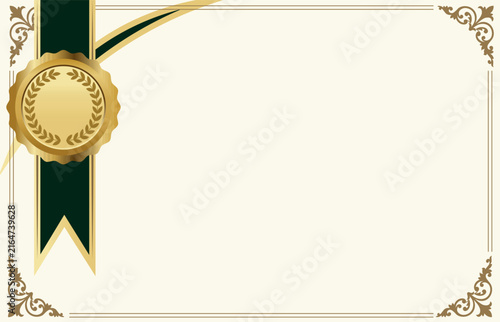 Elegant certificate diploma border frame layout template with golden award medal and green ribbon for official recognition design