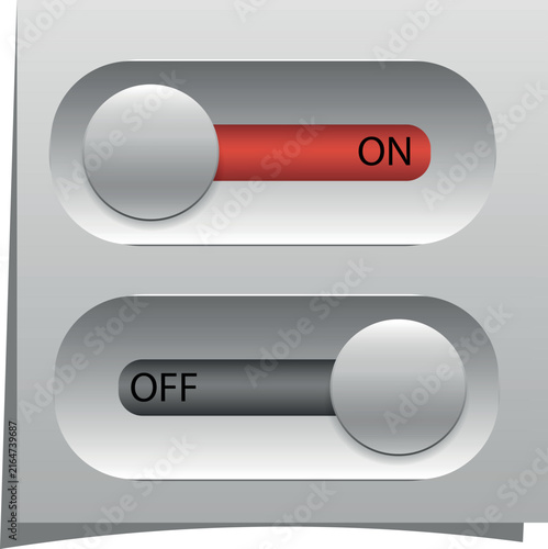 Metallic 3D toggle switch button layout template with red ON and dark grey OFF states for web mobile user interface design