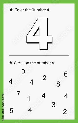 Kids math educational worksheet template with number four tracing and coloring activity for kindergarten learning design