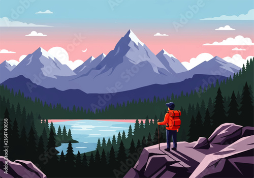 Photography Vector flat design ilustration of a hiker looking at snowy mountains and lake sc