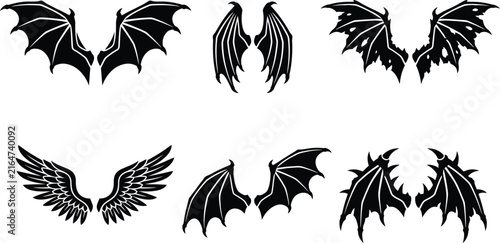 Foto Gothic bat wings collection, black demon wing silhouettes set, 6 vector dragon a