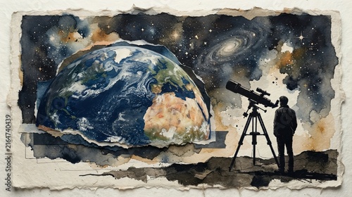 World Space Week Watercolor Painting of Astronomer with Telescope Looking at Earth and Stars ai