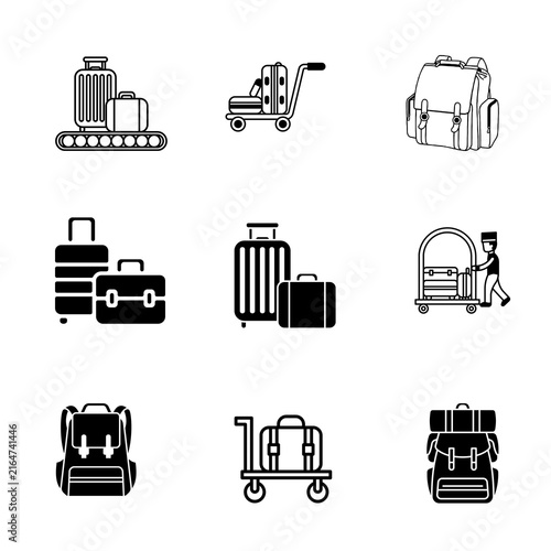 Фотография Set of travel luggage icons and airport baggage symbols in black and white vector style with transparent background PNG for tourism and transportation design projects