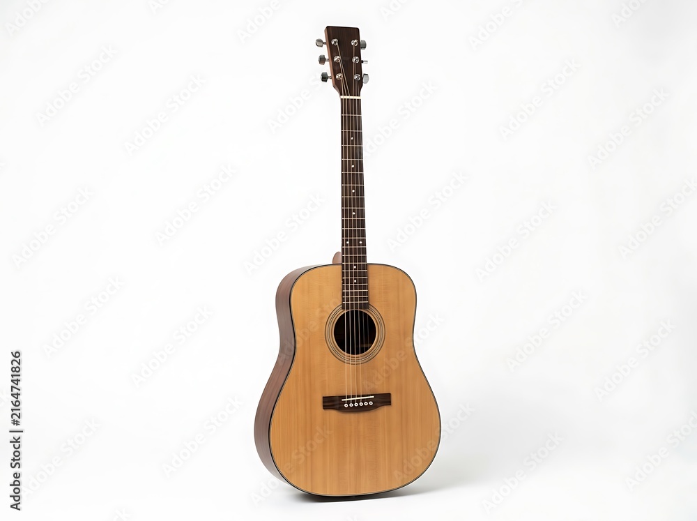 Obraz premium Natural wood acoustic guitar standing upright isolated on white background