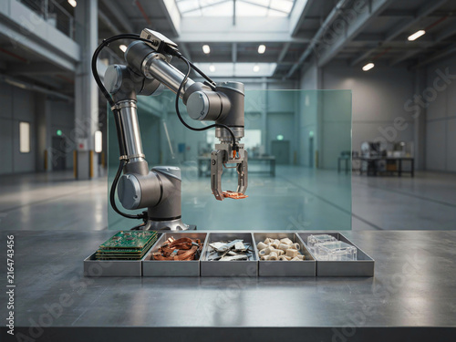 Automated robotic arm working with electronic parts inside a modern factory